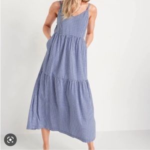 Old Navy XS Tall Blue White Gingham Cami Midi Maxi Dress New Pockets Tiered
